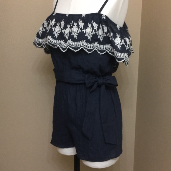 NWT A. BYER blue off the shoulder strap romper - Picture 2 of 13